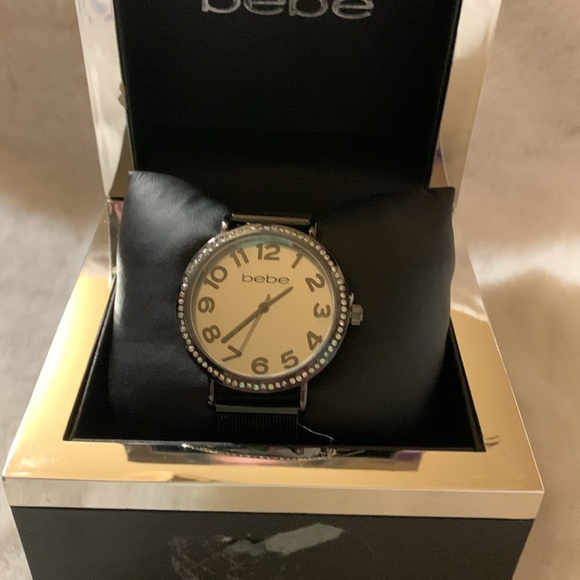 🎅 BEBE Black / Silver Watch Rhinestone Bezel NIB - Picture 4 of 12
